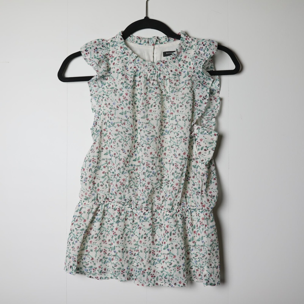 Banana Republic Green Red Silver Metallic Floral Ruffled Blouse